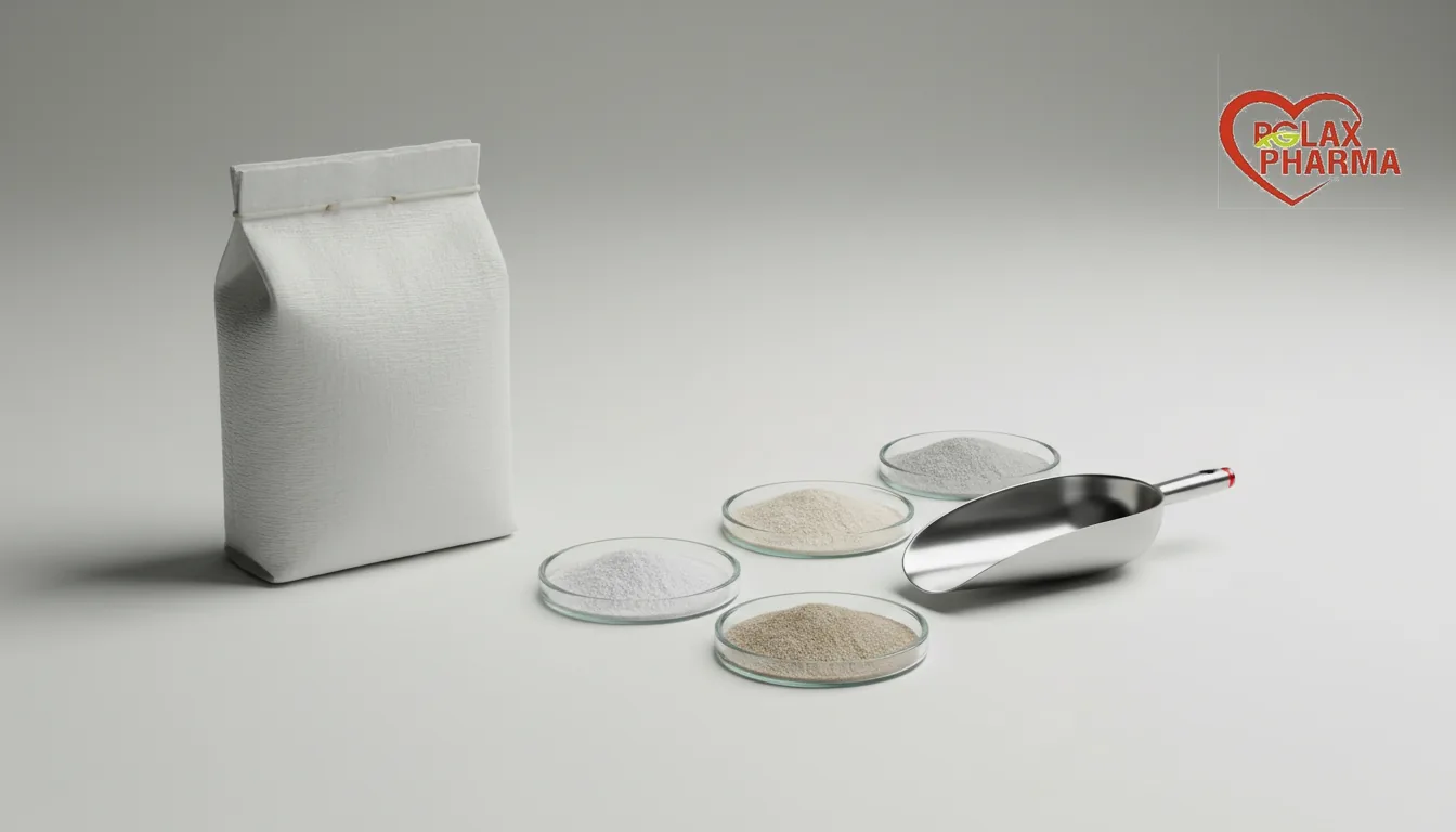 A sealed sack of finished ready-mix beside separate dishes of raw ingredients