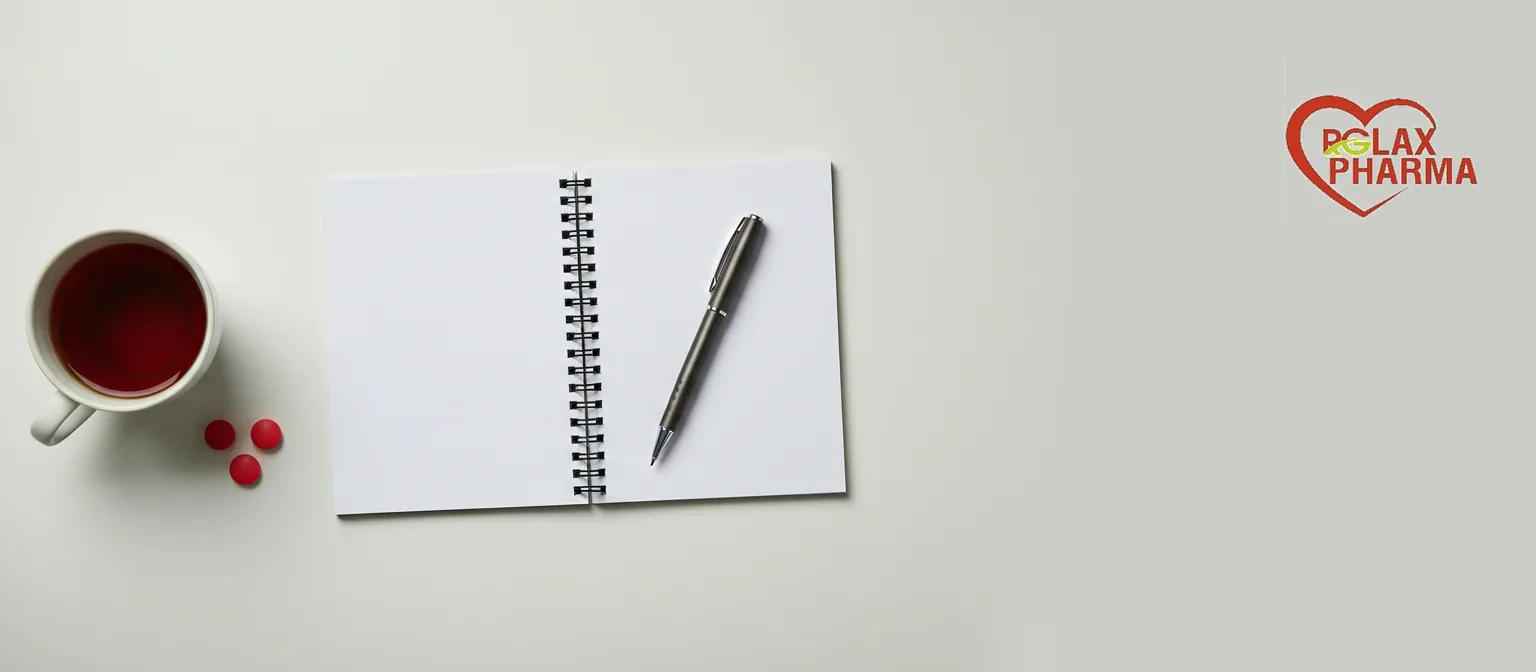An open notebook and pen on a desk beside coated tablets