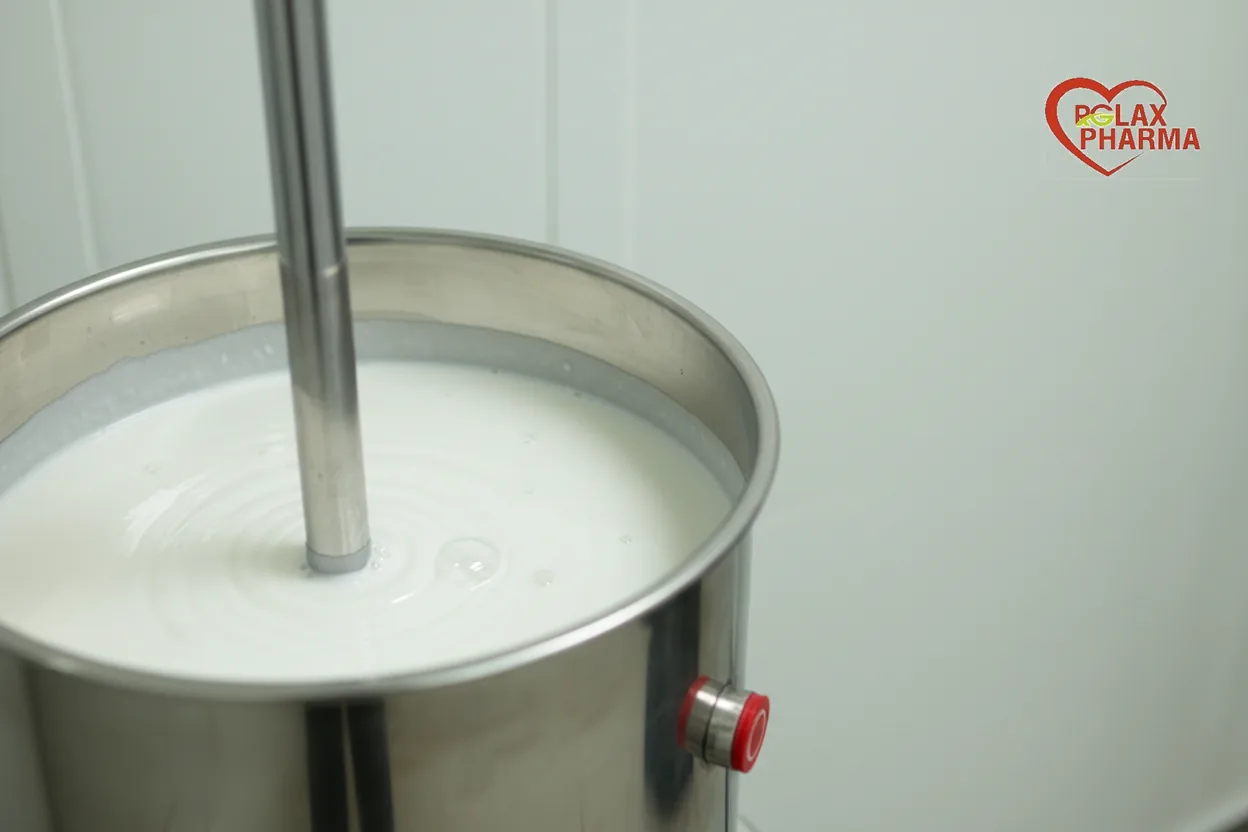 A stainless dispersion vessel holding milky coating dispersion