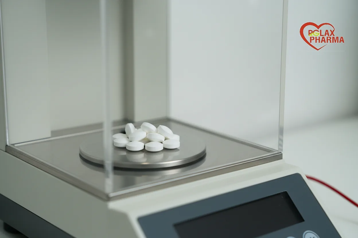 Coated tablets on a laboratory balance pan