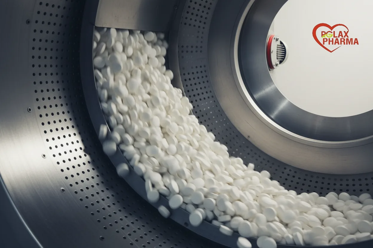 A bed of tablets tumbling inside a stainless coating pan