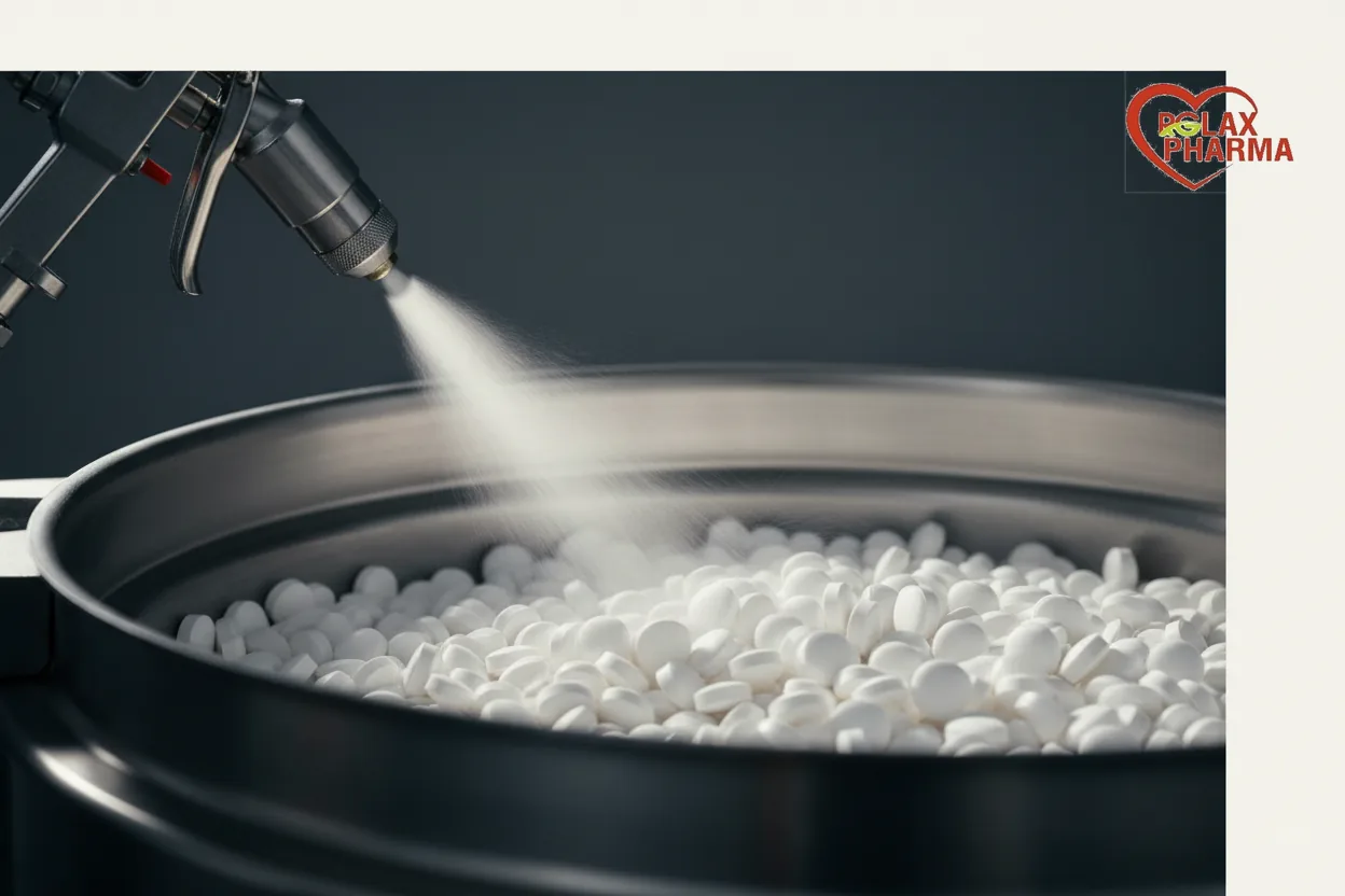 A spray gun atomising coating fluid onto a bed of tumbling tablets