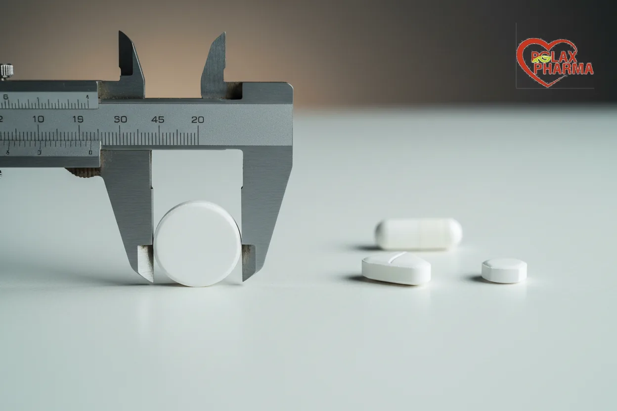 Steel calipers measuring the diameter of a coated tablet